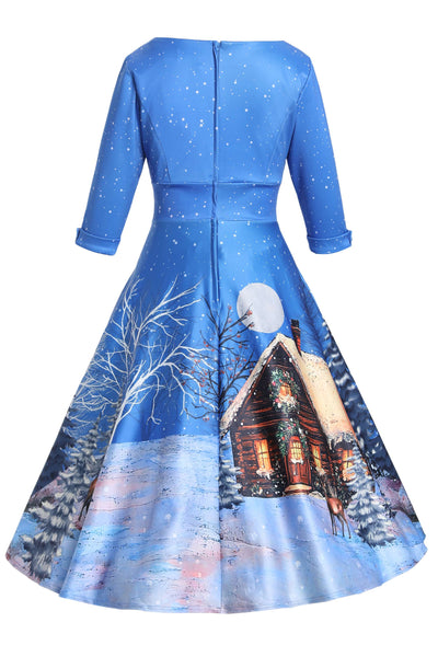 Back view of Snowy Christmas Night Reindeer Midi Dress