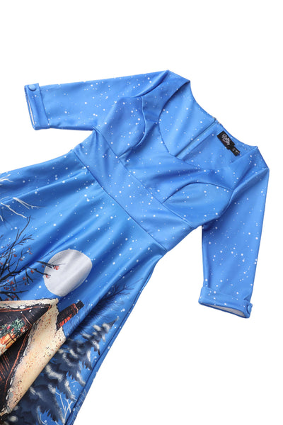 Close up view the top of Snowy Christmas Night Reindeer Midi Dress