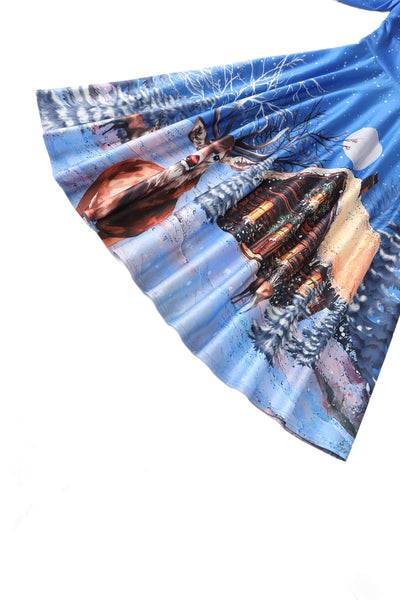 Close up view of Snowy Christmas Night Reindeer Midi Dress