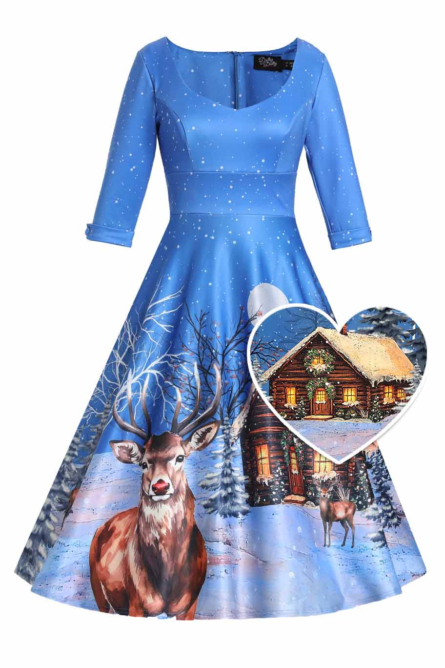 Front view of Snowy Christmas Night Reindeer Midi Dress