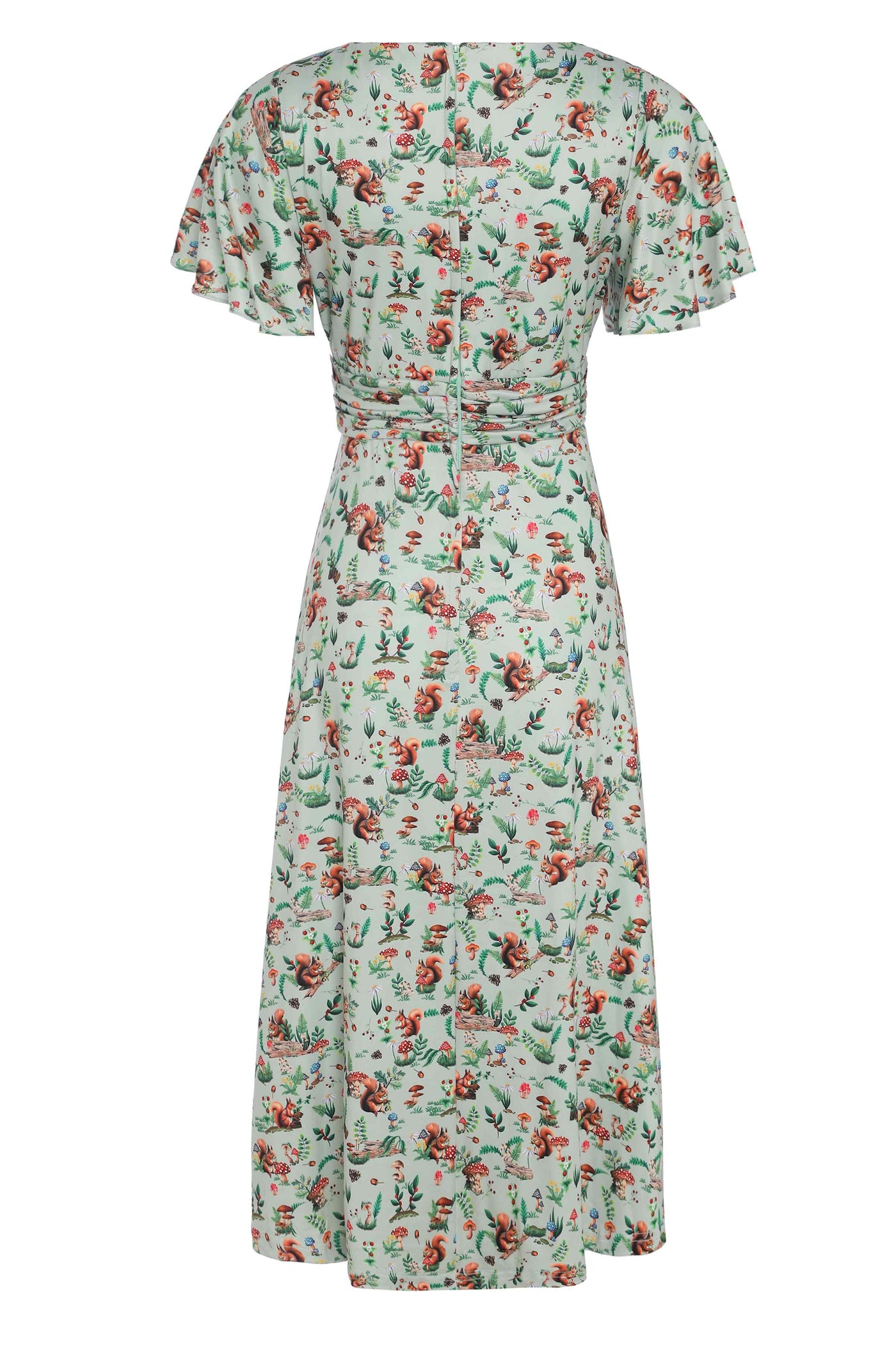 Back view of Squirrel Woodland Print Tea Dress in Green