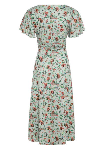 Back view of Squirrel Woodland Print Tea Dress in Green