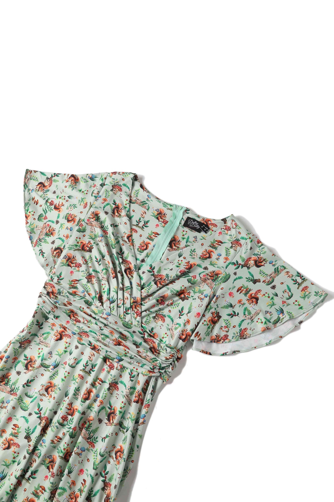 Close up view of Squirrel Woodland Print Tea Dress in Green
