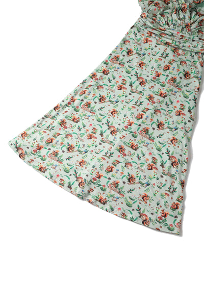 Close up view of Squirrel Woodland Print Tea Dress in Green