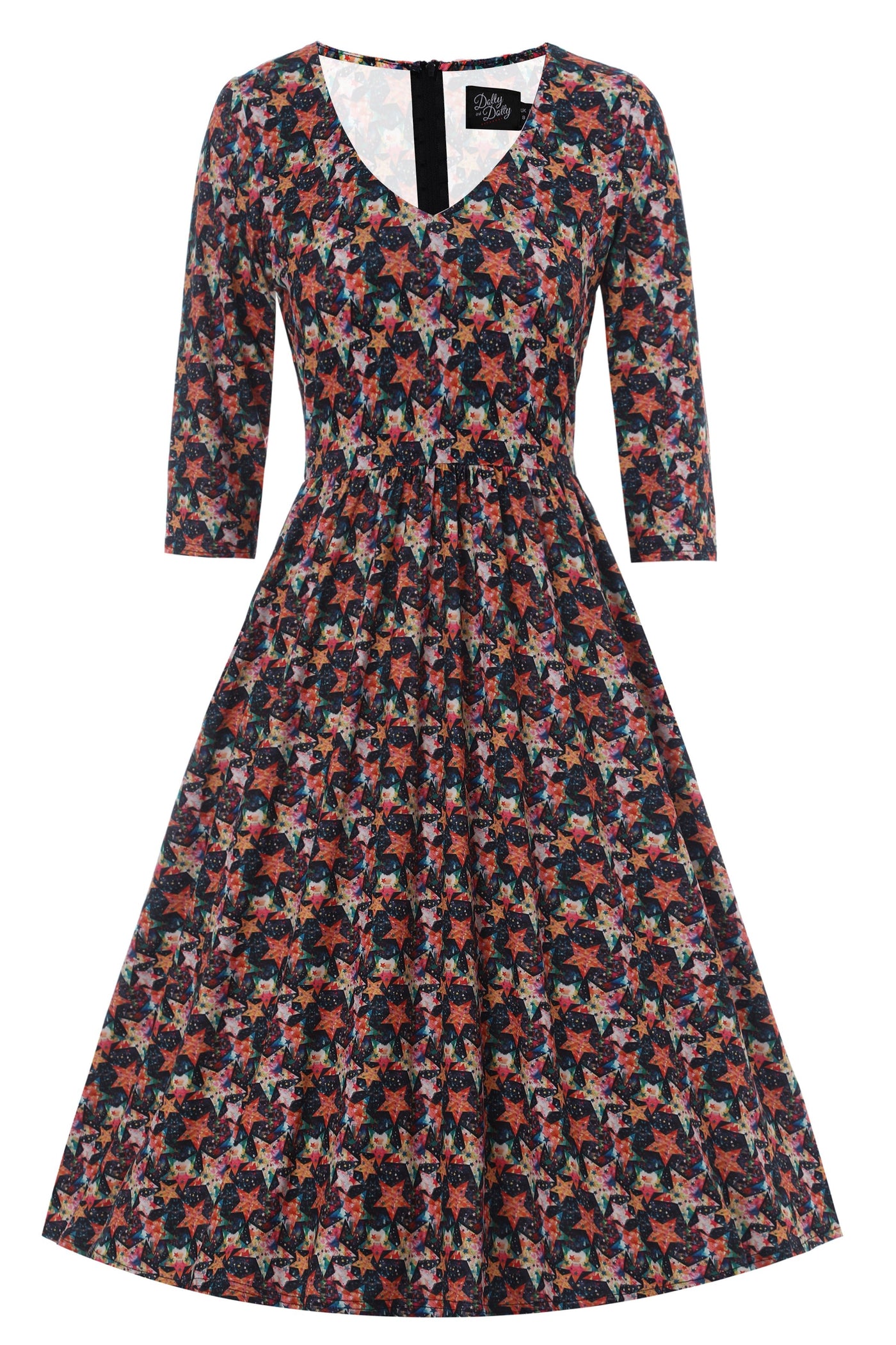 Front view of Stars Print Long Sleeved Dress in Black