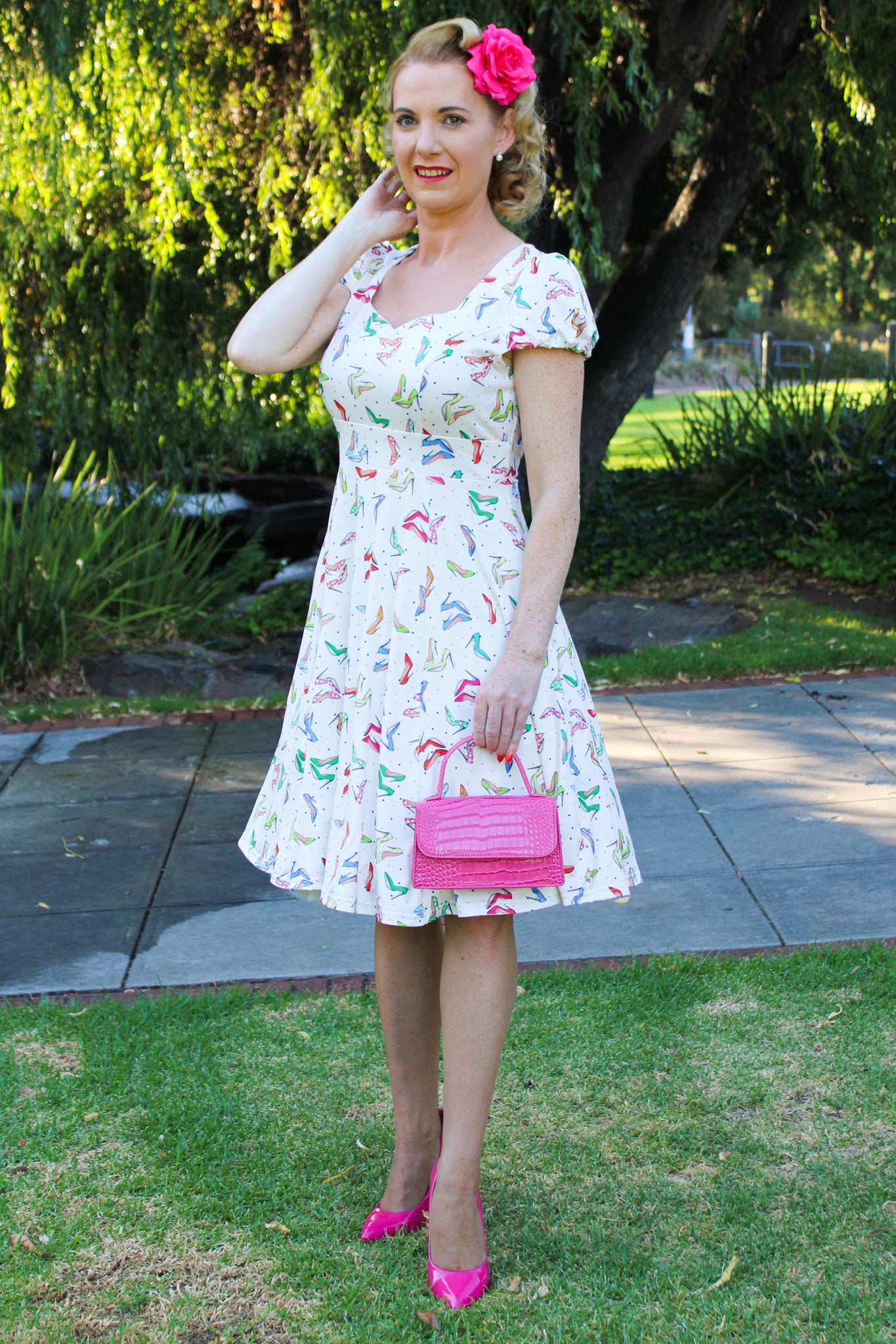 Cream Cap Sleeve Dress in Stiletto Print