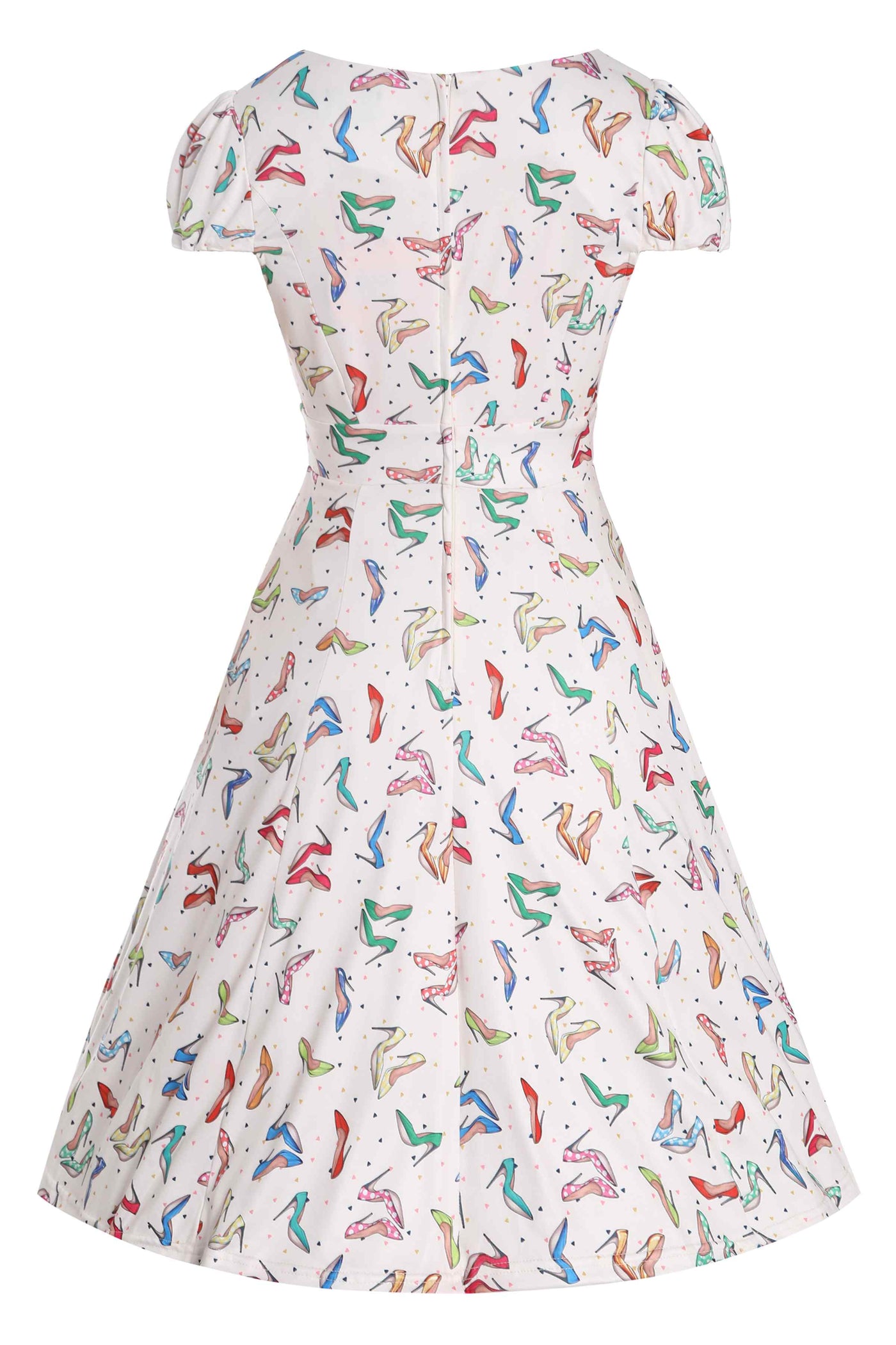 Back View of Stiletto Print Cap Sleeved Swing Dress in Cream