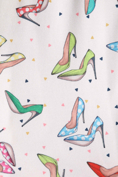 Close up View of Stiletto Print Cap Sleeved Swing Dress in Cream