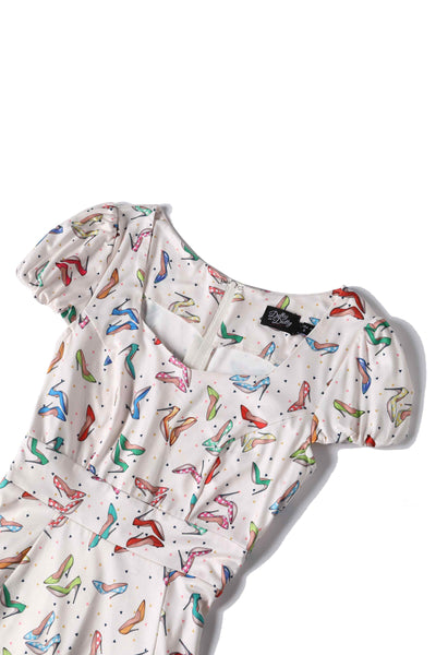 Close up View of Stiletto Print Cap Sleeved Swing Dress in Cream