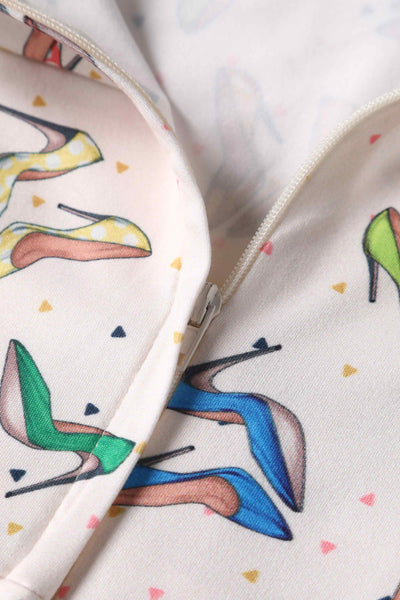 Close up View of Stiletto Print Cap Sleeved Swing Dress in Cream