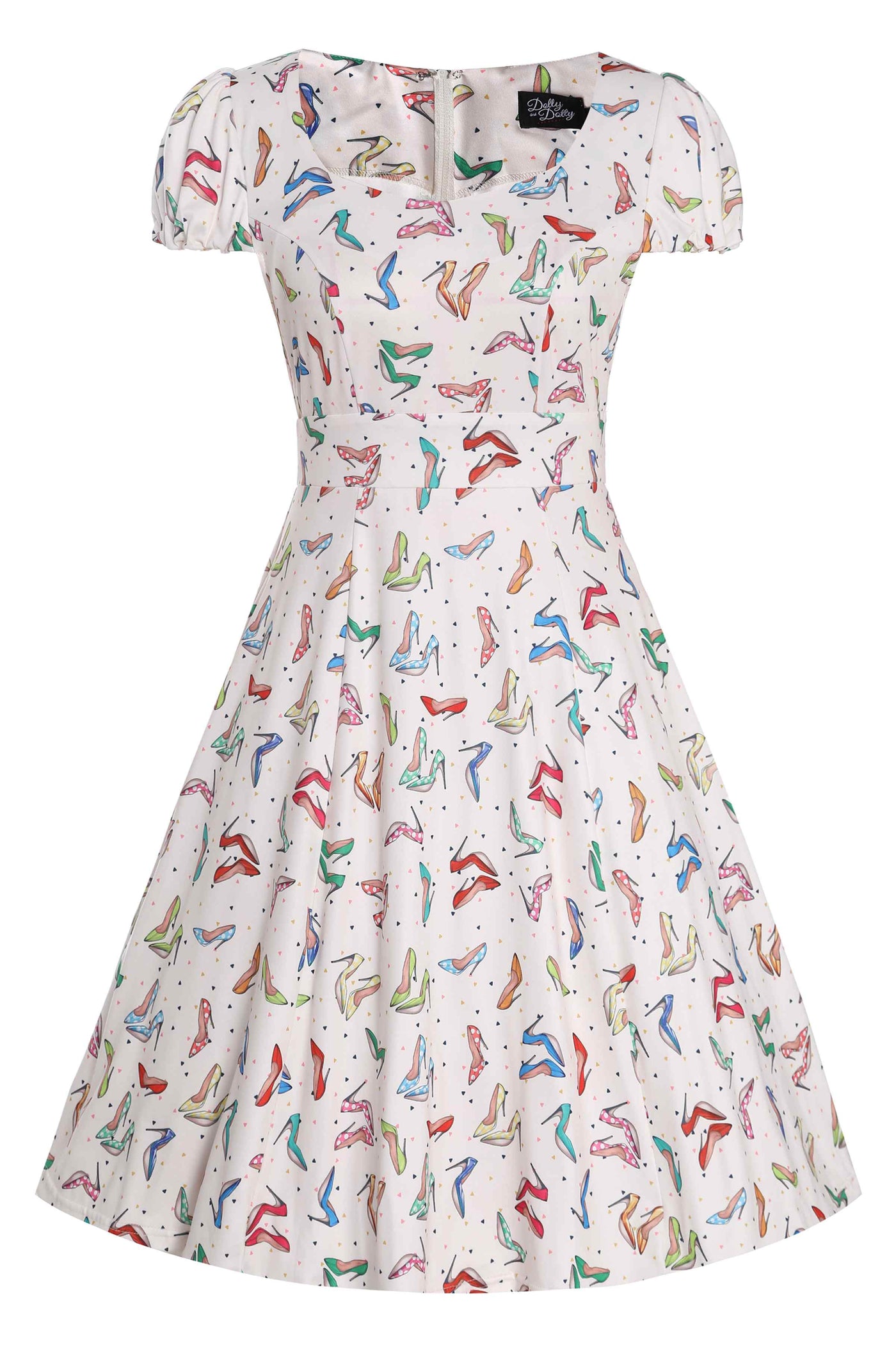 Cream Cap Sleeve Dress in Stiletto Print