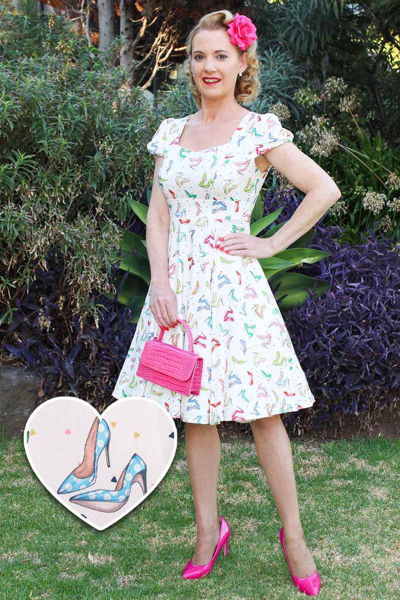 Cream Cap Sleeve Dress in Stiletto Print