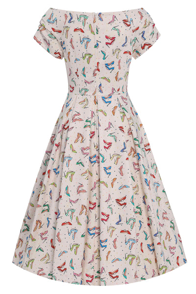 Back view of Stiletto Print Off Shoulder Dress in Cream