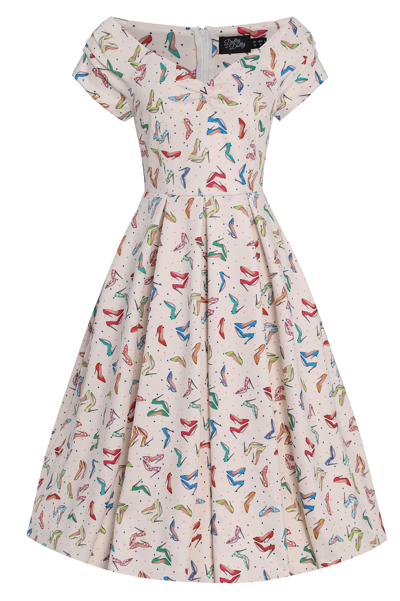 Front view of Stiletto Print Off Shoulder Dress in Cream