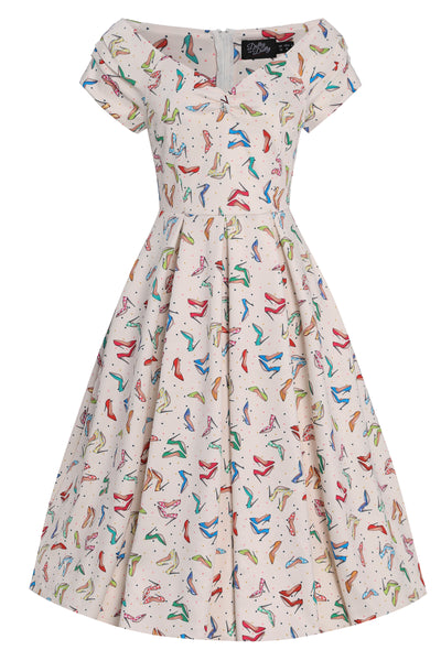 Front view of Stiletto Print Off Shoulder Dress in Cream