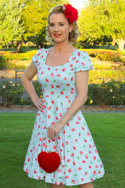 Baby Blue Swing Dress with Strawberries & Dots