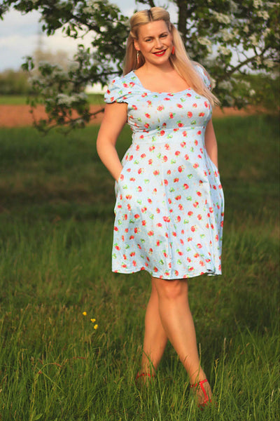 Baby Blue Swing Dress with Strawberries & Dots