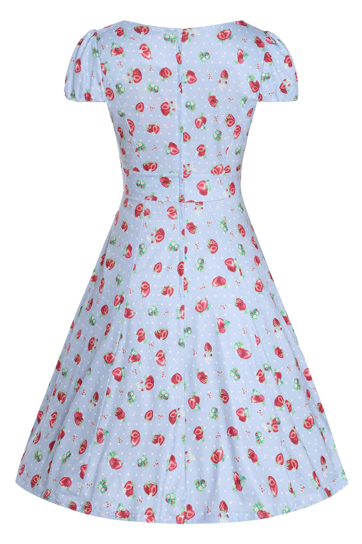 Back View of Strawberry and Polka Dot Swing Dress in Baby Blue
