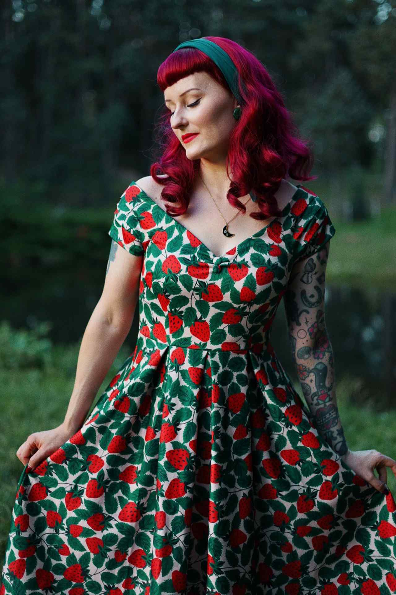 A lovely lady wearing a Lily Strawberry Farm Off Shoulder Dress