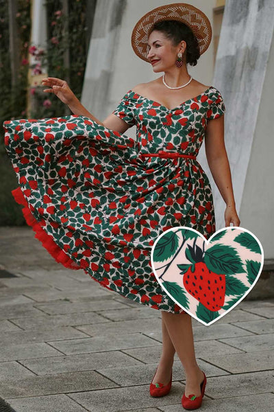 A lovely model wearing a Lily Strawberry Farm Off Shoulder Dress