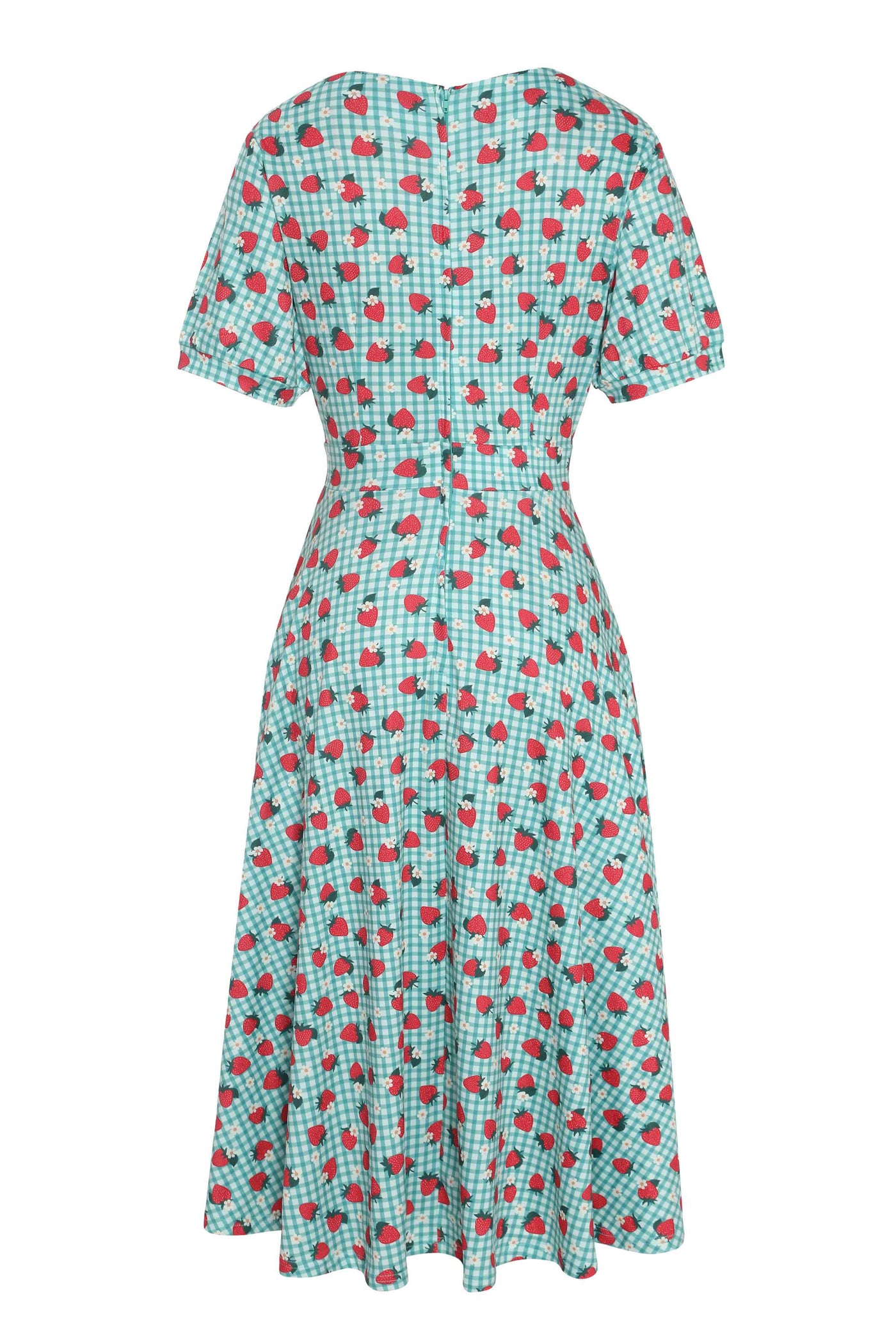 Back view of Strawberry Midi Dress In Blue Gingham