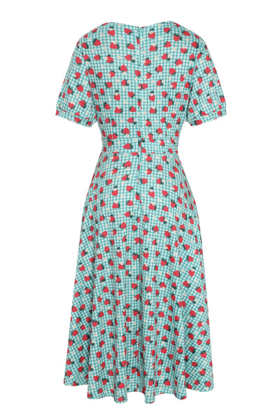 Back view of Strawberry Midi Dress In Blue Gingham