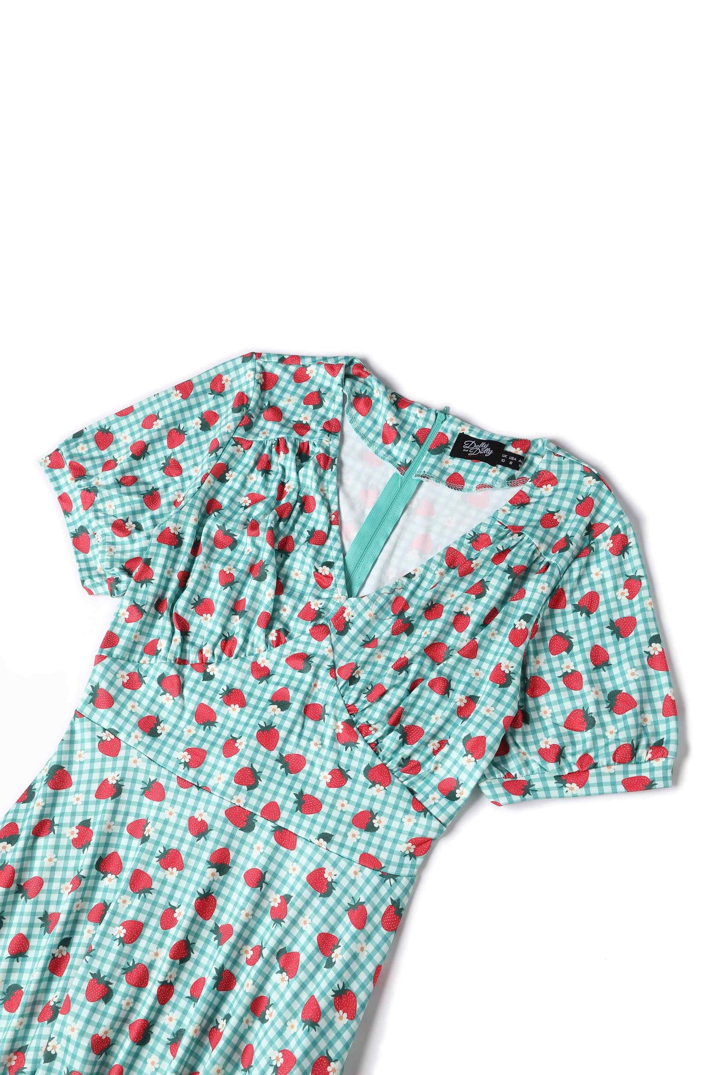 Close up view of Strawberry Midi Dress In Blue Gingham