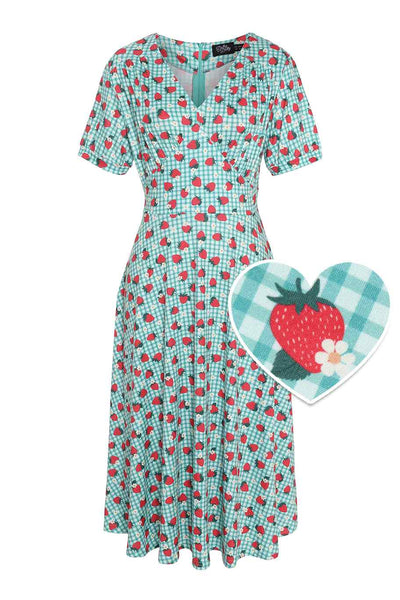Front view of Strawberry Midi Dress In Blue Gingham
