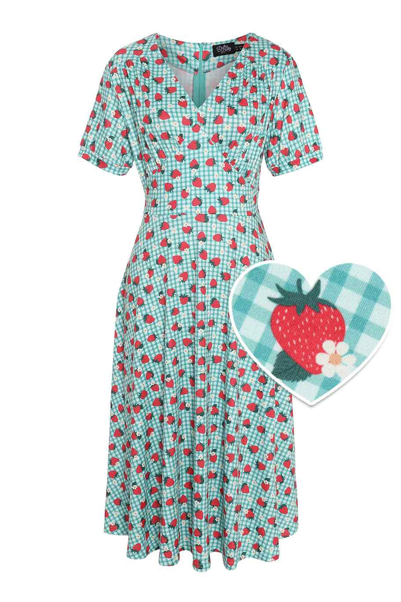 Dolly and Dotty Julia Strawberry Midi Dress In Blue Gingham