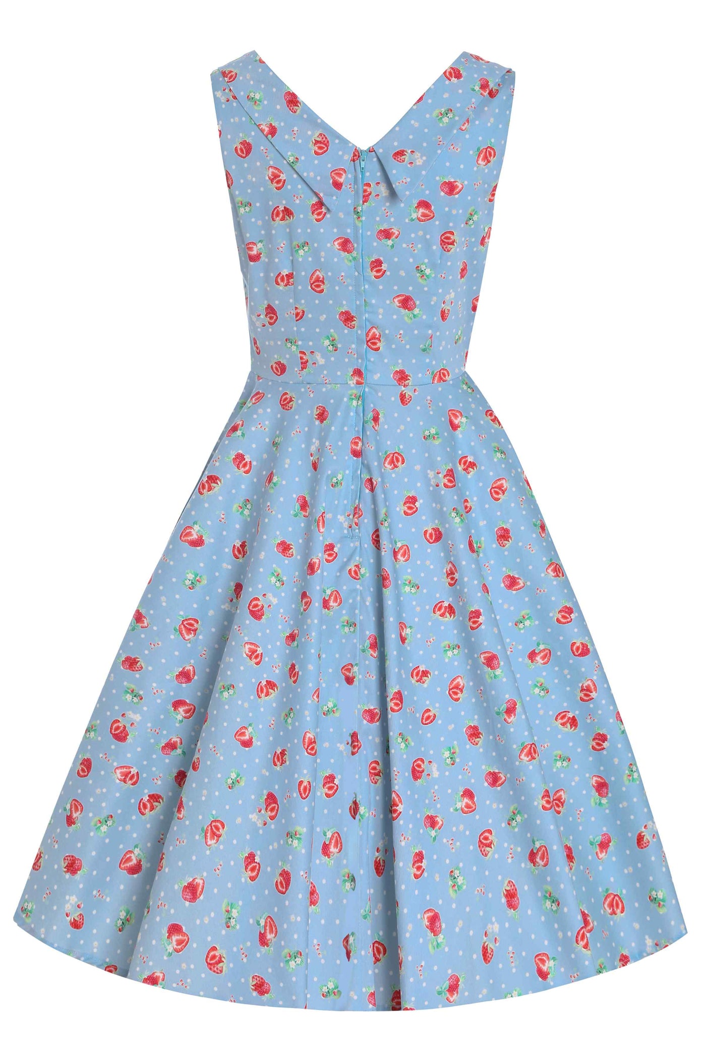 Back View of Strawberry Pleated Bust Dress in Blue