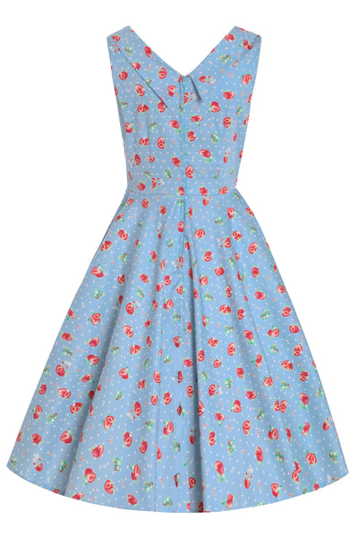 Back View of Strawberry Pleated Bust Dress in Blue