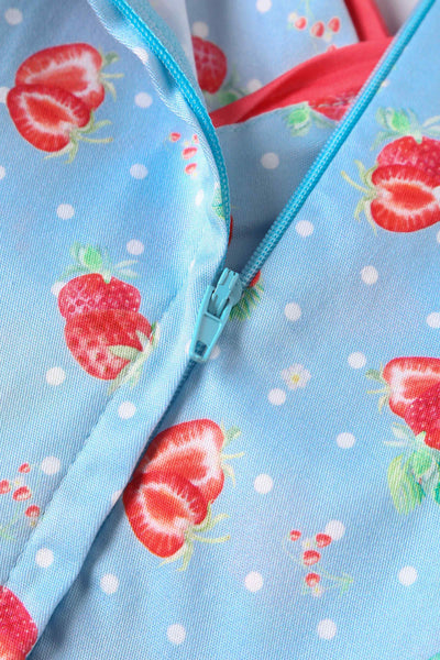 Close up View of Strawberry Pleated Bust Dress in Blue
