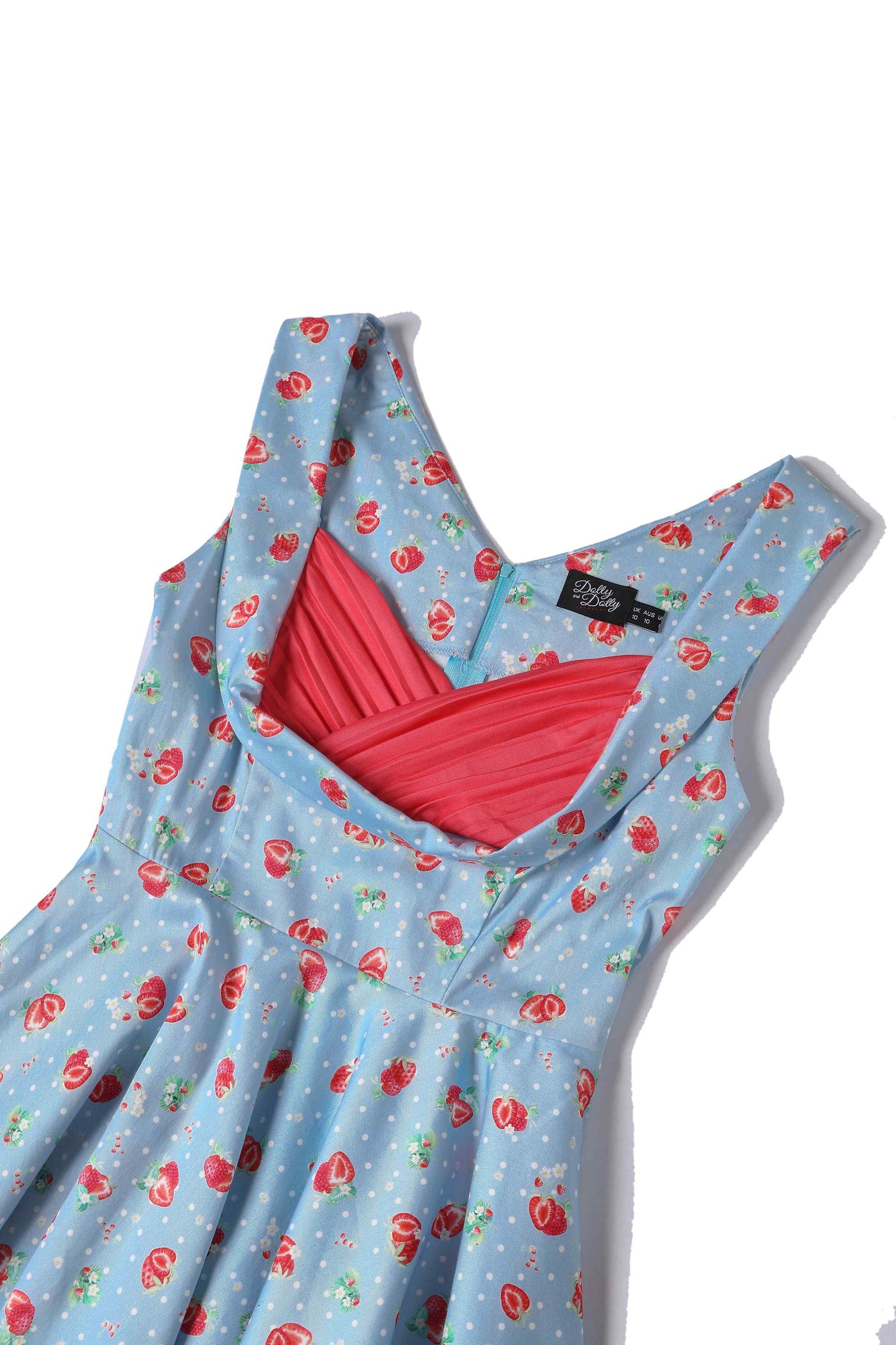 Close up View of Strawberry Pleated Bust Dress in Blue