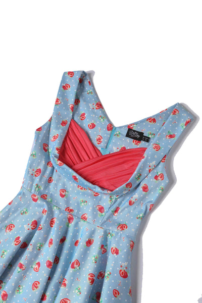 Close up View of Strawberry Pleated Bust Dress in Blue