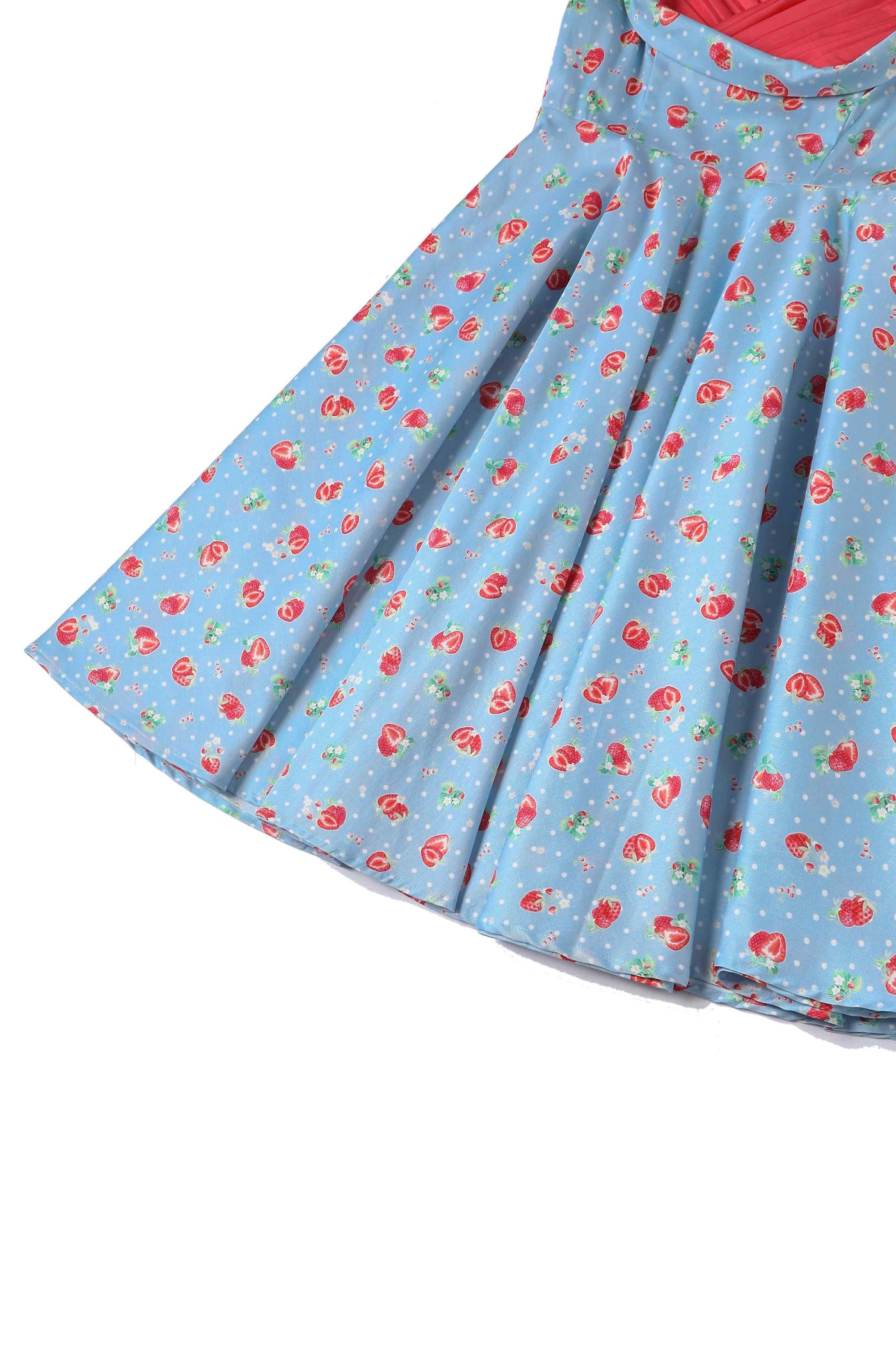 Close up View of Strawberry Pleated Bust Dress in Blue