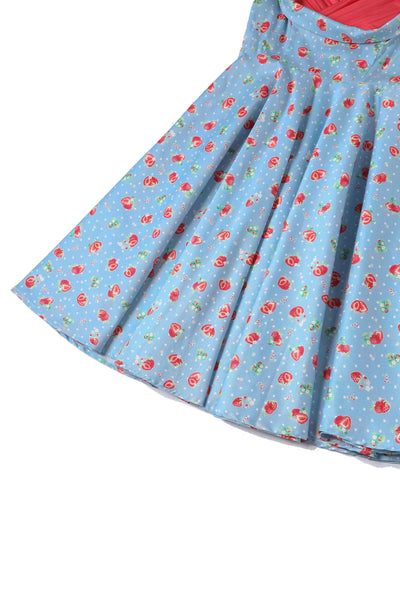 Close up View of Strawberry Pleated Bust Dress in Blue