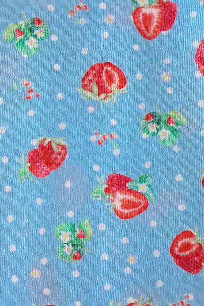 Close up View of Strawberry Pleated Bust Dress in Blue