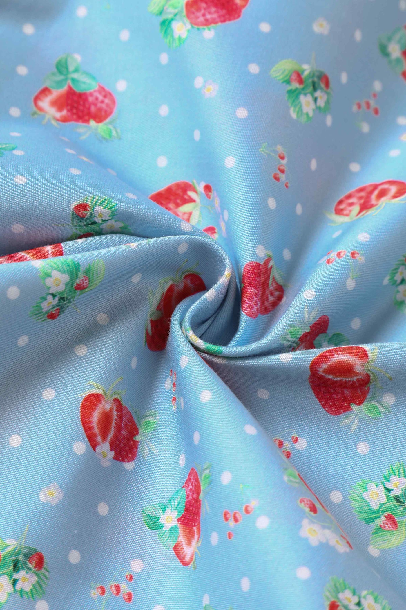 Close up View of Strawberry Pleated Bust Dress in Blue
