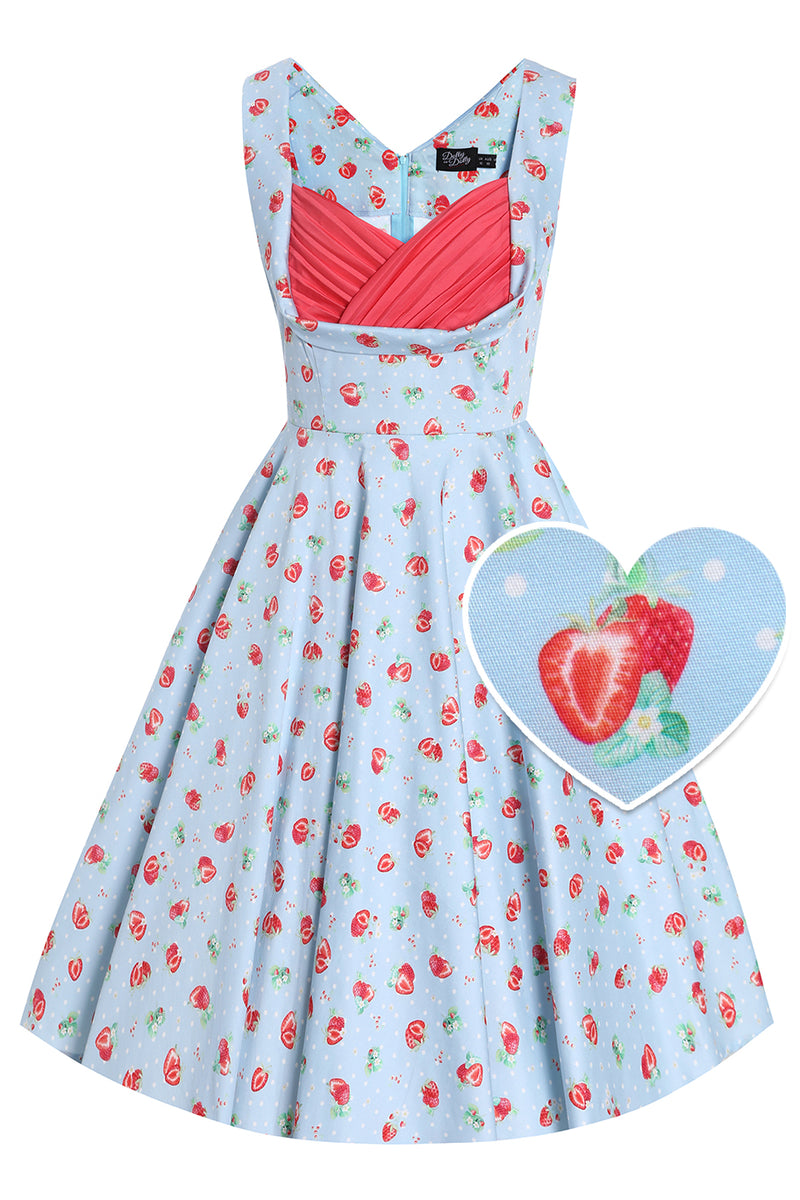 Front View of Strawberry Pleated Bust Dress in Blue