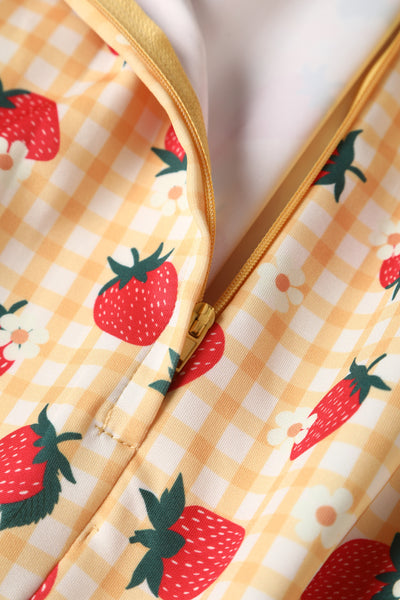 Close up view of Strawberry Yellow Gingham Flared Dress