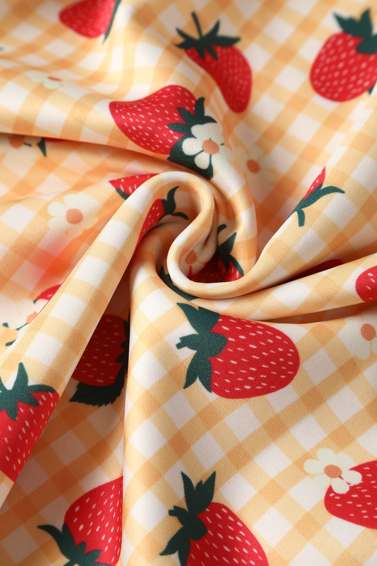 Close up view of Strawberry Yellow Gingham Flared Dress