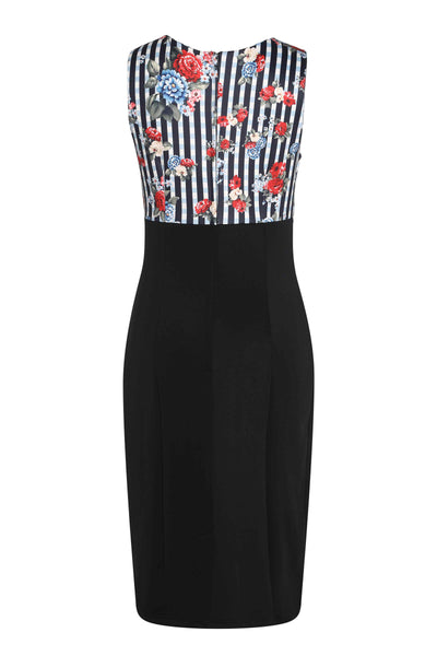 Back View of Striped and Floral Print Fitted Dress in White and Black