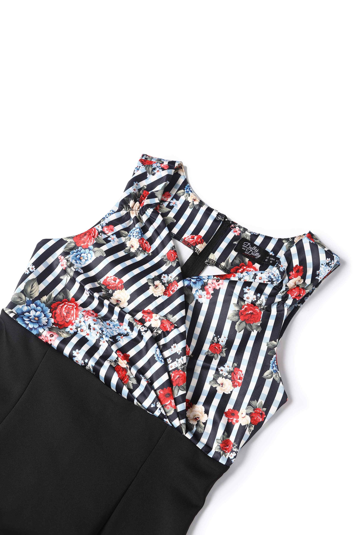 Close up View of Striped and Floral Print Fitted Dress in White and Black
