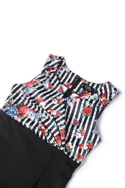 Close up View of Striped and Floral Print Fitted Dress in White and Black