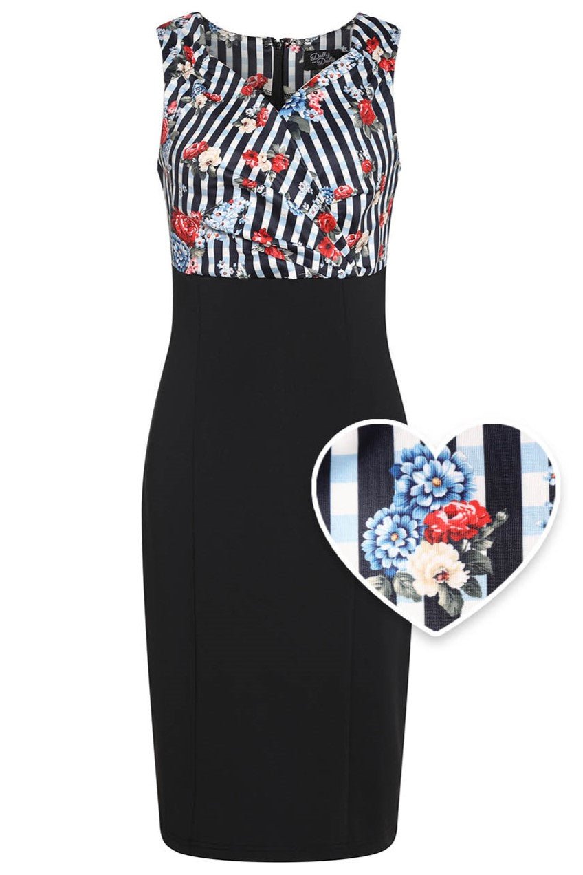 Front view of Striped and Floral Fitted Dress