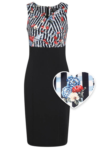 Front view of Striped and Floral Fitted Dress