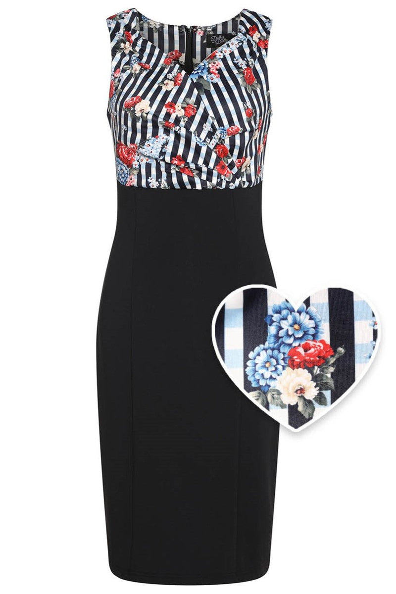 Front view of Striped and Floral Fitted Dress