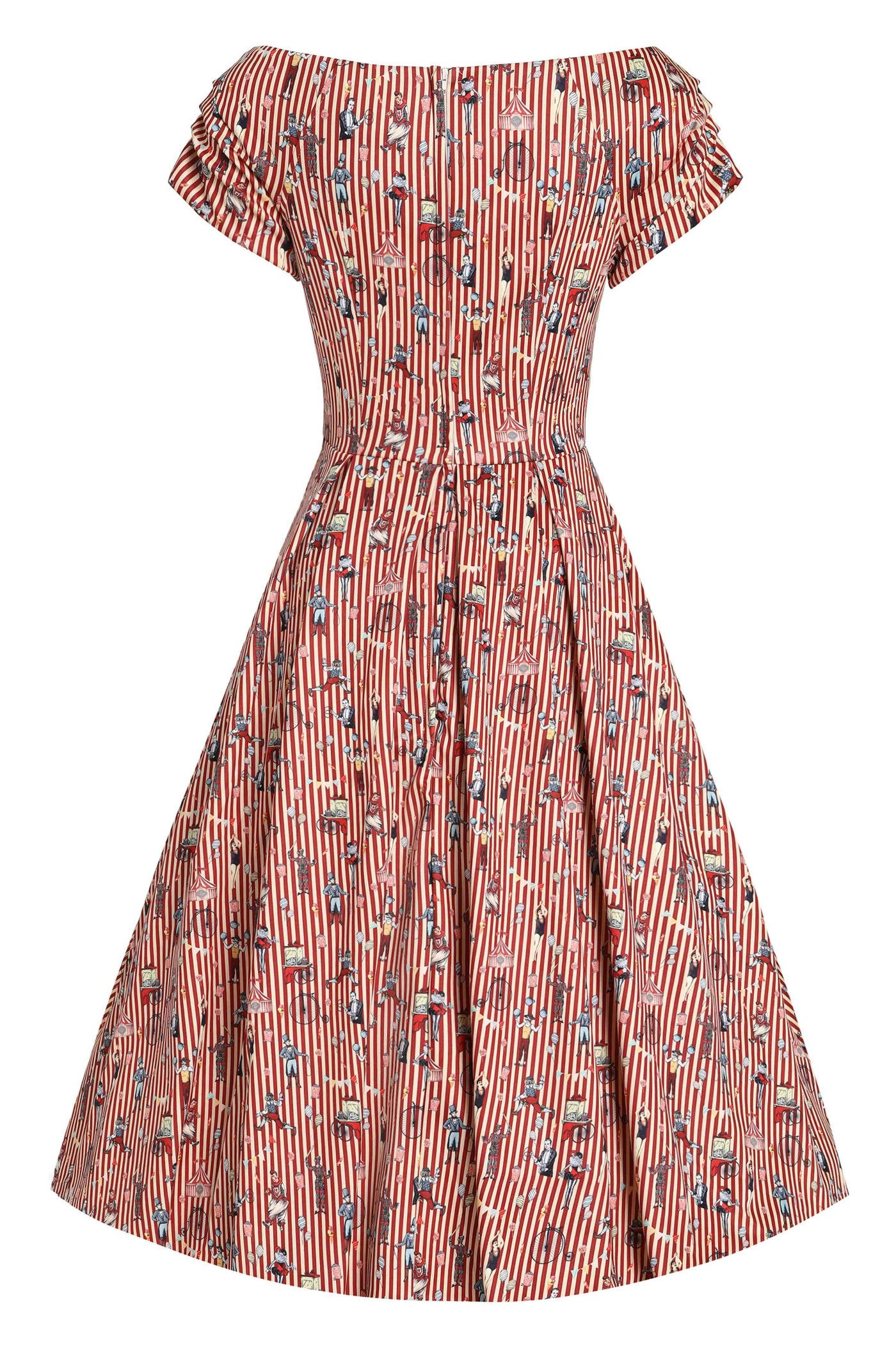 Back view of Striped Circus Clowns Off Shoulder Dress in Red