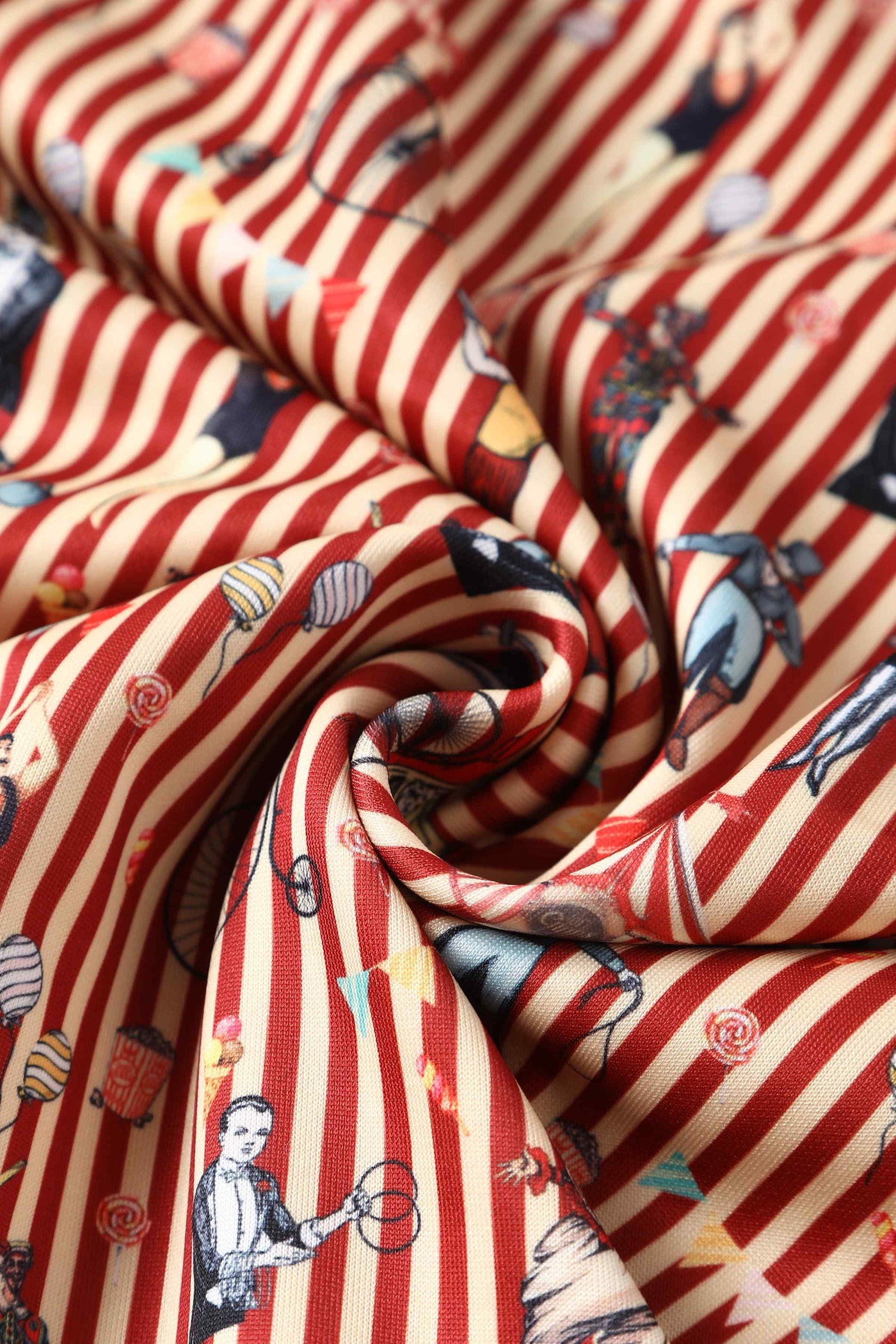 Close up view of Striped Circus Clowns Off Shoulder Dress in Red