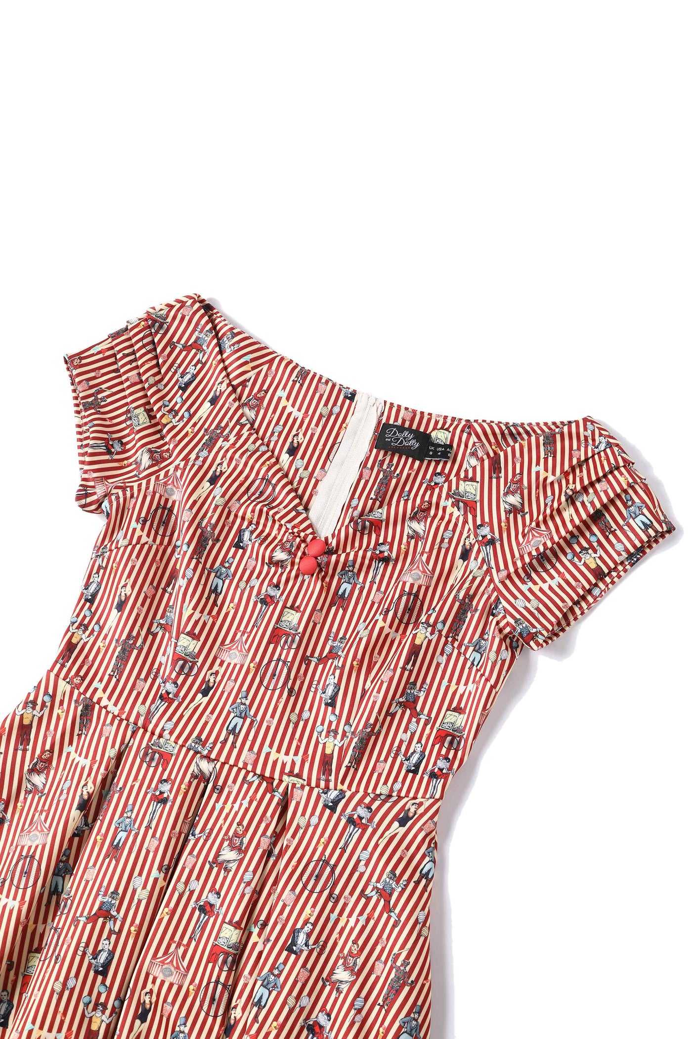 Close up view of Striped Circus Clowns Off Shoulder Dress in Red